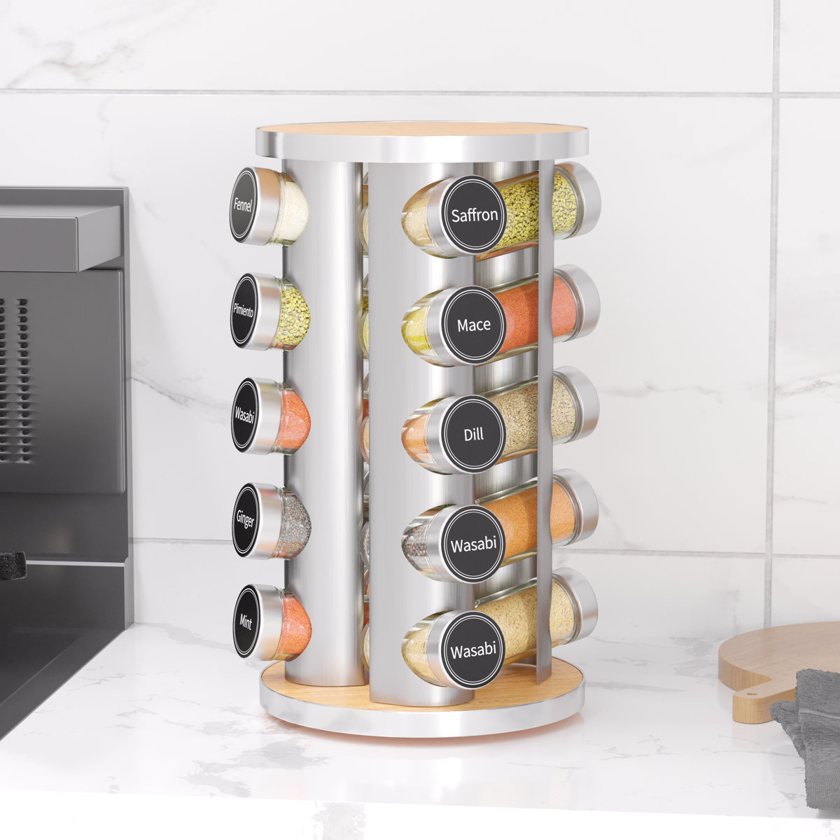 Revolving Spice Rack with 20 Jars and 386 Labels, Countertop and Cabinet Spice Tower Organizer
